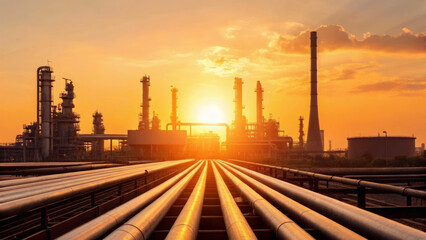 Oil refinery at sunset highlighting energy transition and renewable price impact. Oil price and renewable energy concept. economic effect, energy security, financial market connection.