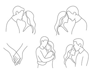 Romantic Couple One Line Drawing Minimalist Love Line Art Set. Minimal Couple Pose Illustration Holding Hands, Hug, and Kiss Line Drawing.