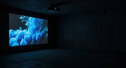 Projector displaying blue ink cloud in a darkened room on screen wall