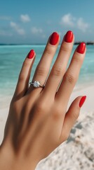Oceanside Engagement Ring: A close-up shot of a hand adorned with a sparkling solitaire diamond engagement ring, set against the backdrop of a serene ocean and beach. Ai Image
