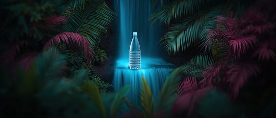 Water bottle in a waterfall rainforest setting