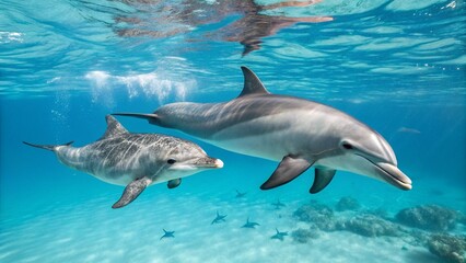 Naklejka premium baby-dolphin-swimming-beside-its-mothe