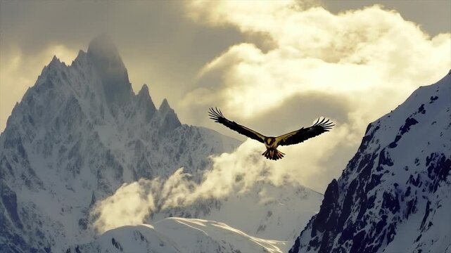 Majestic eagle soaring over snow-capped mountains