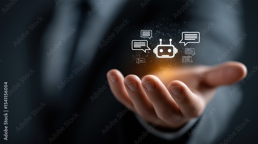 Poster ai assistant's guiding hand: a futuristic, high-tech depiction of an artificial intelligence chatbot