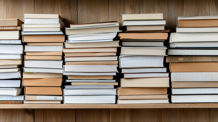 Fototapeta premium Books stacked wooden shelf, showcasing various colors and sizes, create organized yet eclectic