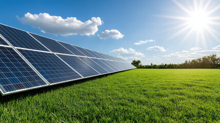 Solar panels renewable energy green grass blue sky sunlight eco friendly sustainable technology