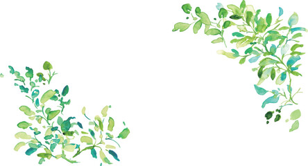 水彩画。水彩タッチの初夏草木イラスト。草木のベクターイラスト。エコ。森林。Watercolor painting. Illustration of early summer grass and trees with watercolor touch. Vector illustration of plants and trees. Eco. Forest.