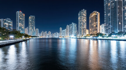 Naklejka premium City skyline reflects on water at night, showcasing vibrant lights and modern architecture