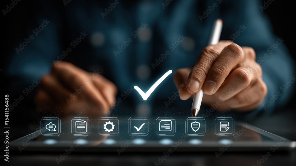 Poster digital approval: a person's hand holding a pen with a checkmark marking the virtual document on a t