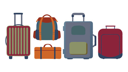 Illustration of five different types of luggage including suitcases and duffel bags in various colors