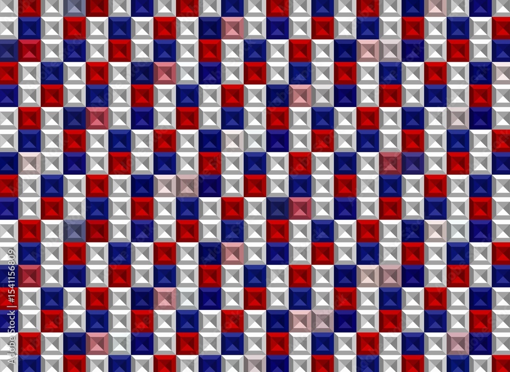 Poster background of red and white squares with a small pattern.