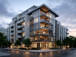 Obraz premium Contemporary Multi-Story Architecture, a flat design vector art illustration of a building's facade, highlighting its geometric patterns and layered balconies Modern Urban Living Evening Illuminated