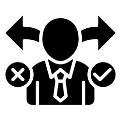 Decision Making Glyph Black Fill Silhouette Style Icon - Business figure with arrows and choice symbols, illustrating decision-making process