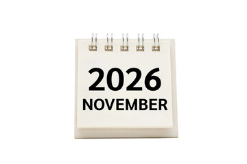 2026 NOV text on desk calendar with clipping path isolated on white background. 2026 NOVEMBER and...