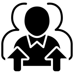 Team Growth Glyph Black Fill Silhouette Style Icon - Group of people with upward arrows, representing teamwork progress and development