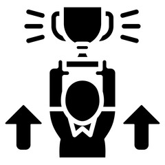 Trophy Lift Glyph Black Fill Silhouette Style Icon - A person lifting a trophy with upward arrows, symbolizing recognition, success, or achievement