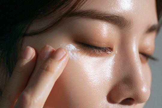 Applying skincare product under eye for healthy skin and skincare routine. Self care moment. Beauty concept.