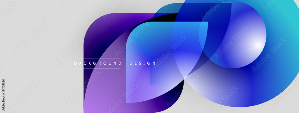 Poster Abstract design features overlapping purple, blue shapes. Gradient colors create modern visual effect. Minimalist style, clean background.
