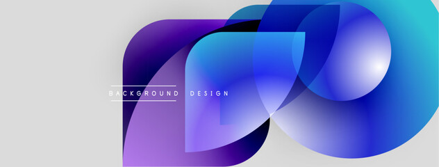Abstract design features overlapping purple, blue shapes. Gradient colors create modern visual effect. Minimalist style, clean background.