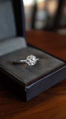 Diamond Engagement Ring in Box: A sparkling solitaire diamond engagement ring rests elegantly in its dark grey velvet jewelry box, ready for its proposal moment.  Ai Image
