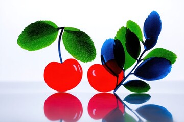 Two glossy red cherries with vibrant green and blue leaves, reflected on a light surface
