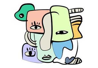 expressive abstract face art composition with a dominant light blue and white figure