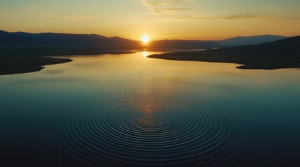 Obraz premium Ripples on a serene lake at sunrise.