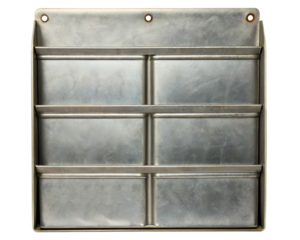 Industrial metal wall-mounted storage organizer on a transparent background