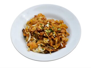 fried egg with mussel and vegetables on white background