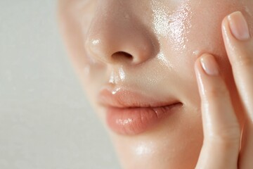 Close-up of a person's face with glossy, glowing skin, emphasized with a light touch of a hand for added skincare effect.
