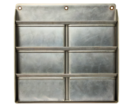 Industrial metal wall-mounted storage organizer on a transparent background
