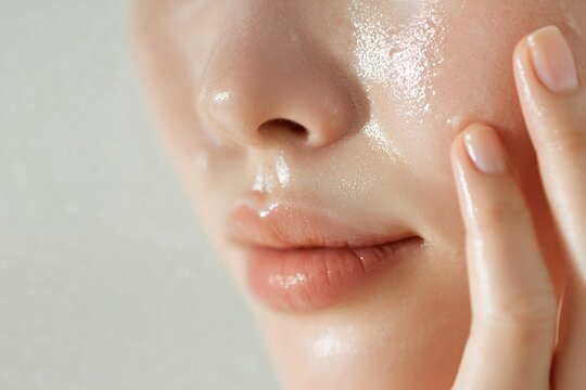 Close-up of a person's face with glossy, glowing skin, emphasized with a light touch of a hand for added skincare effect.
