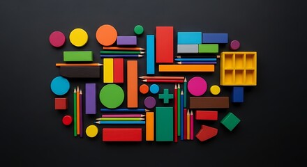 Geometric Shapes and Pencils on Black Background