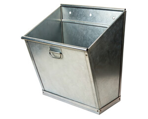Metal storage bin with handles for wall mounting use on a transparent background