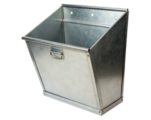 Metal storage bin with handles for wall mounting use on a transparent background