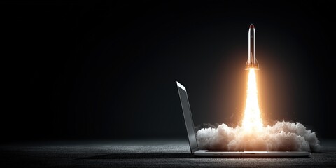 Laptop Rocket Launch: A powerful rocket blasts off from a laptop screen, symbolizing rapid growth, innovation, and digital transformation. Ai Image