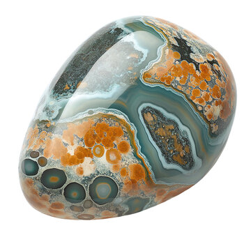 Polished ocean jasper gemstone close up on transparent background (png).