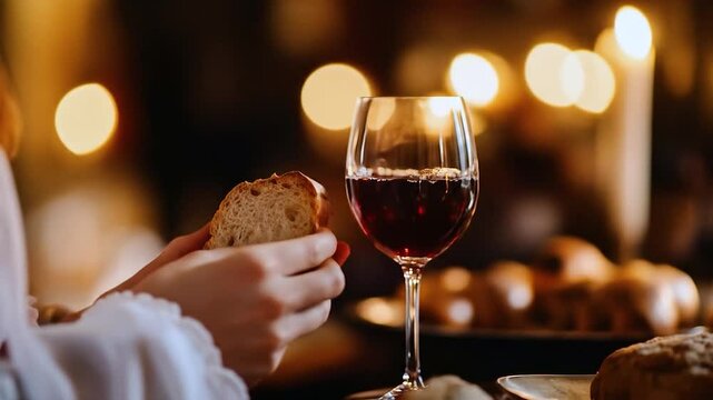 Woman taking communion bread and wine