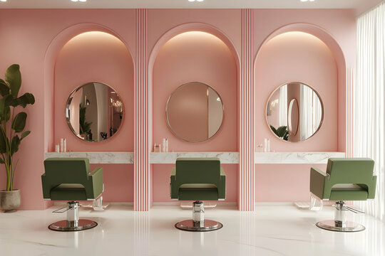 Pink salon interior with three styling chairs