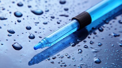 Blue marker with water droplets on a surface.