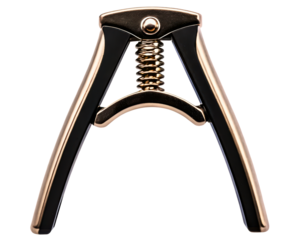 Metallic guitar capo with a spring mechanism on a transparent background