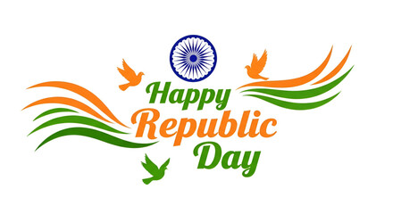 Happy Republic Day India Graphic with Flying Doves, Ashoka Chakra, and Abstract Tricolor Wave Celebrating Indian Freedom, Unity, and Patriotism on 26 January
