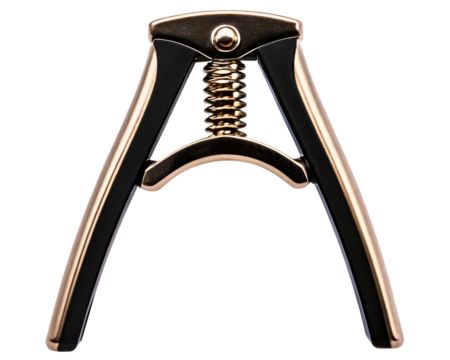 Metallic guitar capo with a spring mechanism on a transparent background