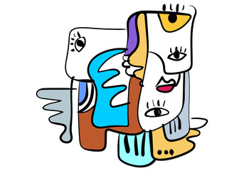 expressive abstract face art composition with a dominant light blue and white figure