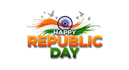 Bold Republic Day Poster with Ashoka Chakra, Flying Birds, and Tricolor Brush Strokes Celebrating Indian Pride, Patriotism, and Independence Spirit