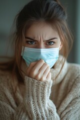 Image of a woman wearing a face mask, coughing with her hands clenched close to her mouth, indicating illness, health care.