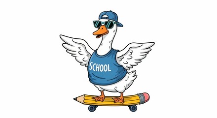 Obraz premium Cute Cartoon Duck on Skateboard with Sunglasses and Cap | Fun Kids Animal Illustration