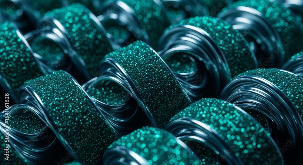 Poster close up of shiny turquoise and silver twisted ribbons creating an abstract textured background patt
