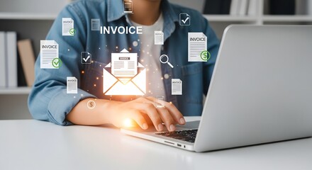 Digital e-invoice and billing management concept. Businesswoman working on laptop with invoice documents, representing electronic invoicing and digital billing systems. receipt, invoice for payment