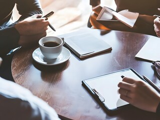 Business planning over coffee in modern lounge, relaxed discussion with tablet and notepad on table.